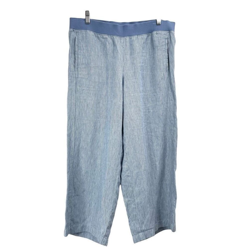 J. Jill 100% linen pin striped‎ wide leg cropped pants Size M blue